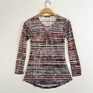 DAVID‎ CLINE Women's Top XS Long Sleeve Crinkle Lace Up V Neck Pink Black Stripe